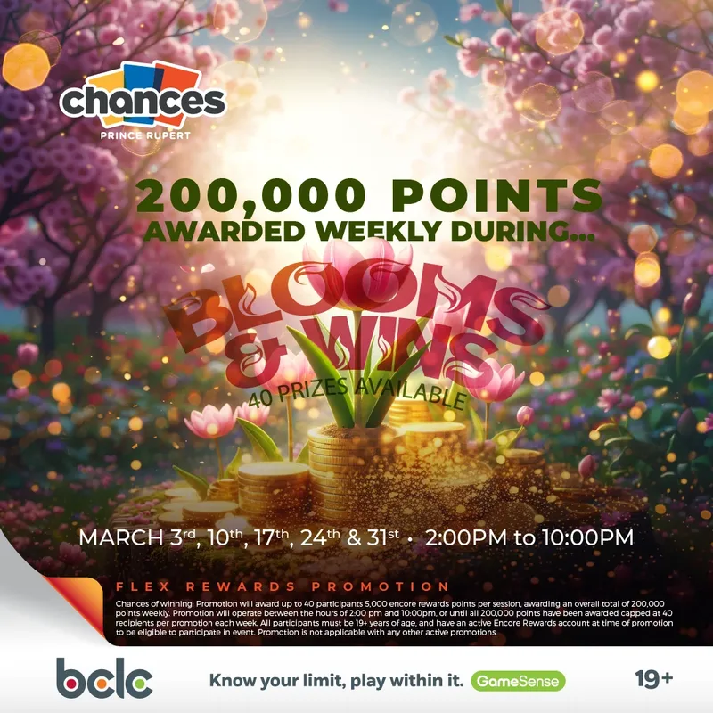200,000 points awarded weekly during the Blooms & Wins Promotion, every Tuesday in March.